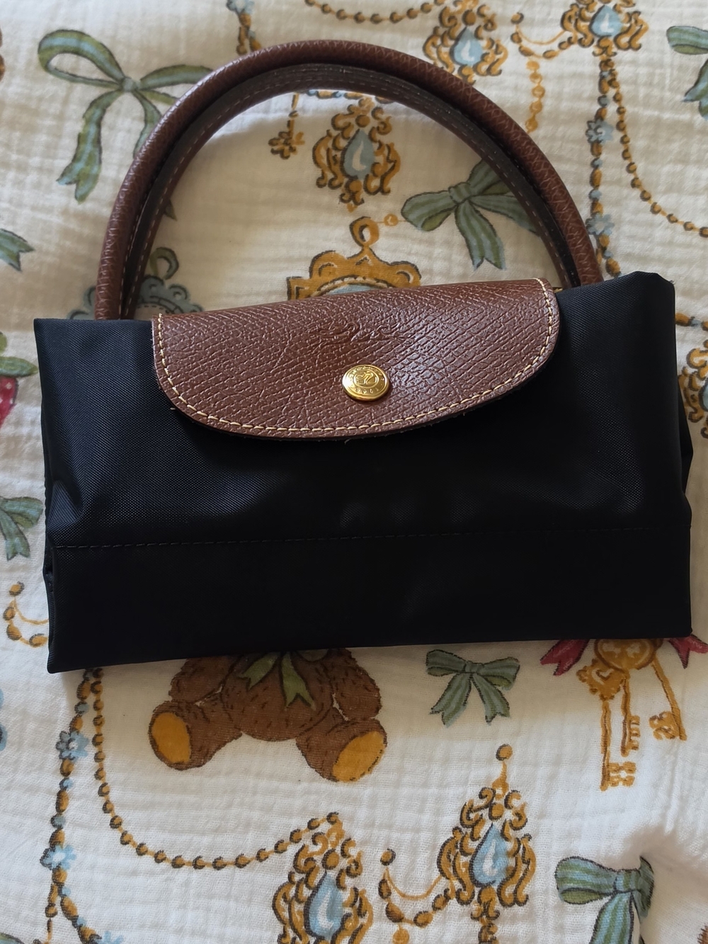 Longchamp Le Pliage Small Nylon Tote in Black with Brown Trim - Picture 3 of 12
